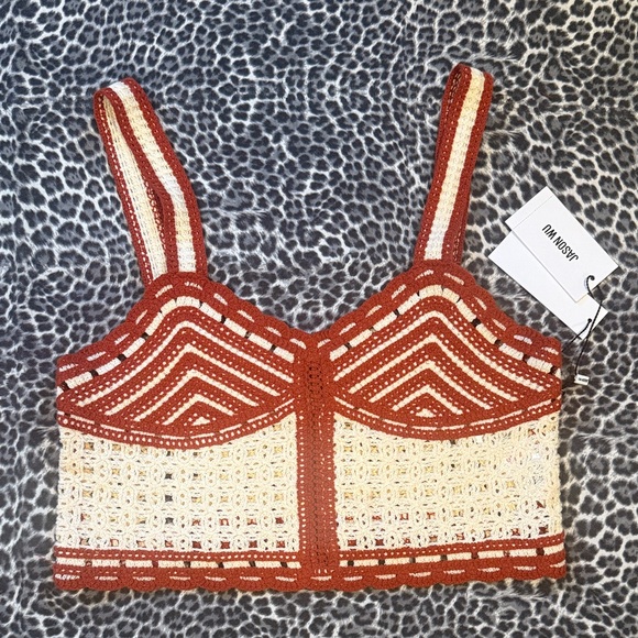 Jason Wu Tops - Jason Wu Rust And Cream Crochet Crop Top Striped Geometric Scallop Size 4 NWT